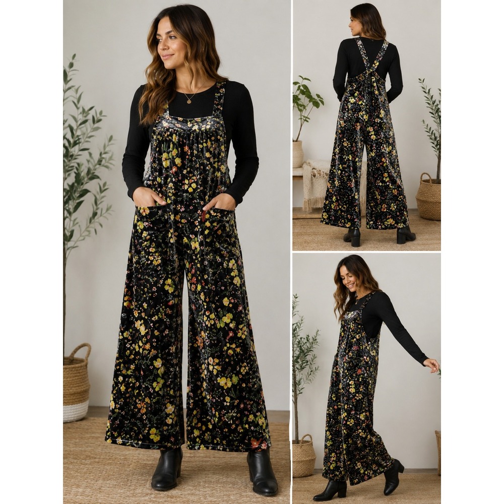 Natural Life Jumpsuit Dark Floral Velvet Wide Leg Boho Medium NWT